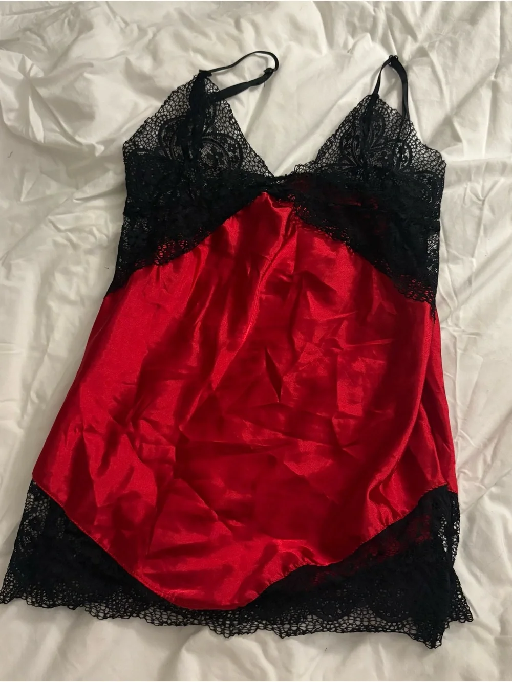 Red Satin & Black Lace Chemise Nightdress - Women Intimates